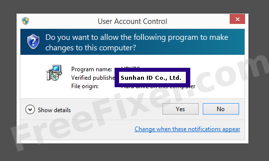 Screenshot where Sunhan ID Co., Ltd. appears as the verified publisher in the UAC dialog